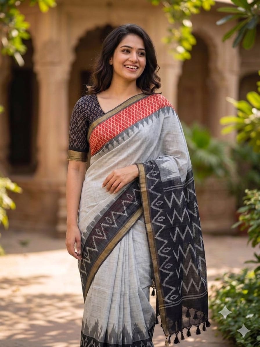 Floral Digital Print Linen with Tassel Blouse Cotton Saree